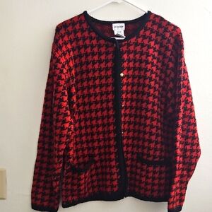 Medium LIZ‎ BAKER Red and Black Houndstooth Cardigan